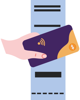 A hand holding a credit card and a receipt png