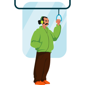 A man is standing on a train with headphones on png