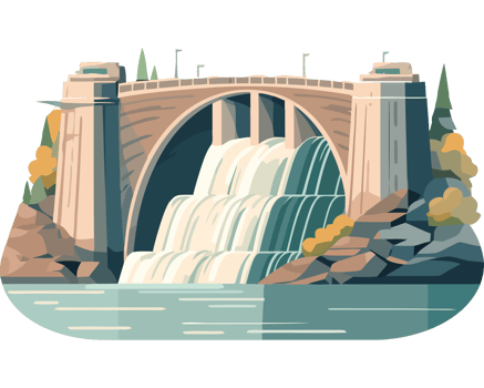 An illustration of a waterfall with a bridge png