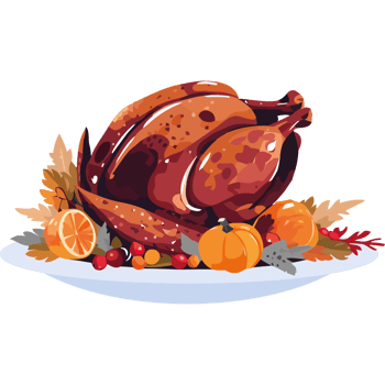 A thanksgiving turkey on a plate with fruit and leaves png