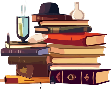 A pile of books with a hat and a bottle png