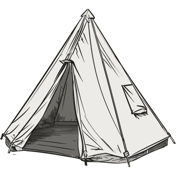 A tent is shown in a black and white drawing png