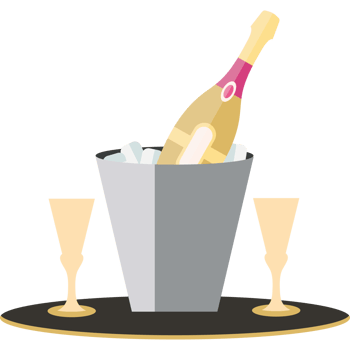 A bottle of champagne and two glasses in an ice bucket png