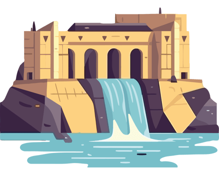 A cartoon castle with a waterfall and water png