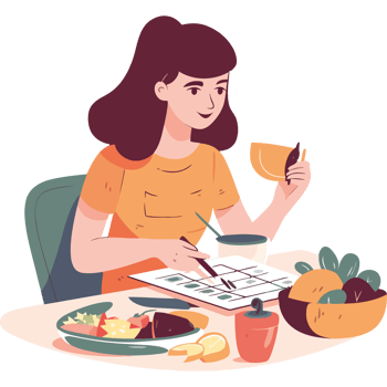 A woman is sitting at a table with a cup of coffee and a plate of food png