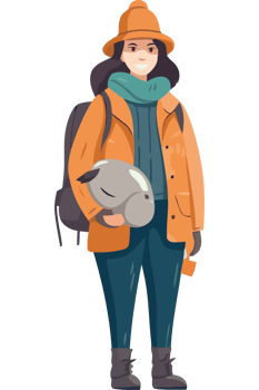 A cartoon woman with a backpack and hat png