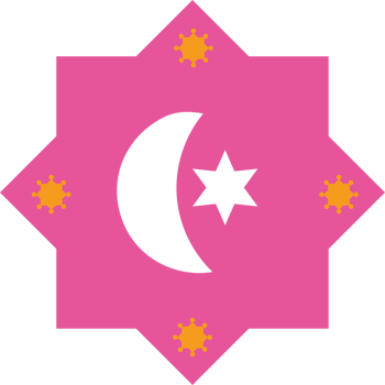 A pink and yellow star and crescent on a black background png