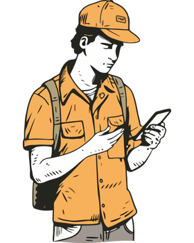A man in an orange shirt and hat is looking at his phone png