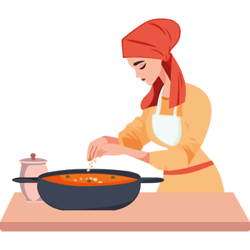 A woman in an apron is cooking food in a pan png