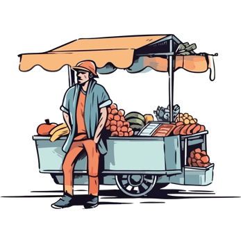 A man standing next to a fruit and vegetable cart png