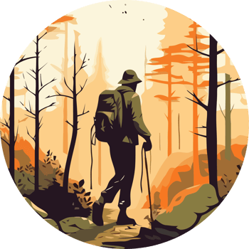 A man with a backpack and hiking poles walking through the woods png