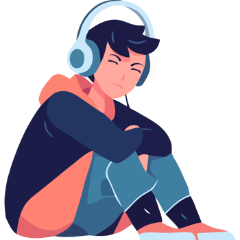 A cartoon boy sitting on the floor with headphones on png