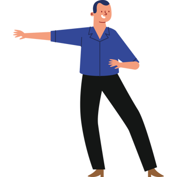 Man in blue shirt and black pants pointing png