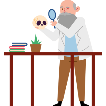 An old man in a lab coat is holding a skull png