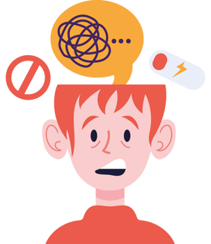 Illustration of a boy with a brain full of thoughts png