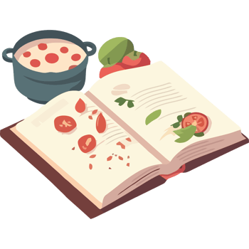 An open book with tomatoes and a pot of sauce png