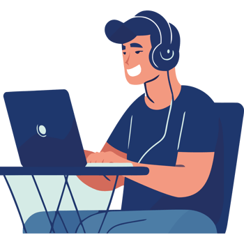 A man wearing headphones is sitting at a desk with a laptop png