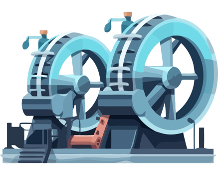 Two large wheels on a platform with a blue background png