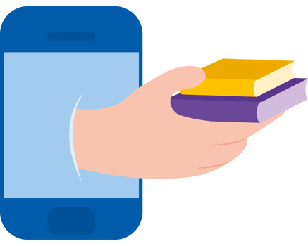 A hand holding a book and a smartphone png