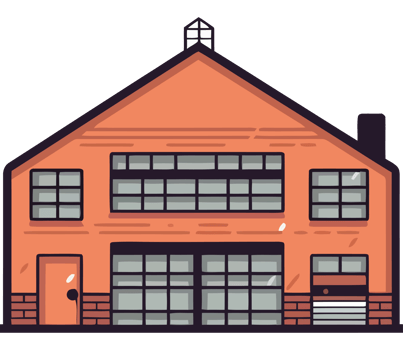 An orange building with windows and a garage door png