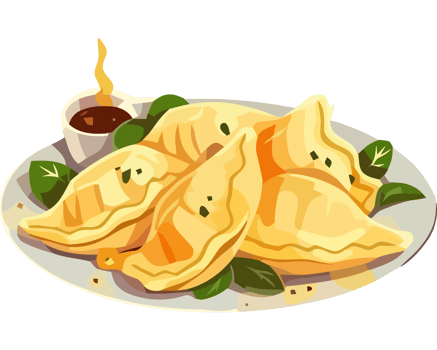 A plate of dumplings with sauce and a cup of tea png