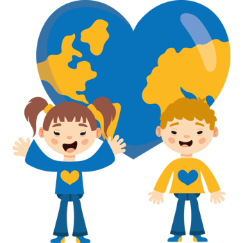 Two children holding hands with a heart shaped world png