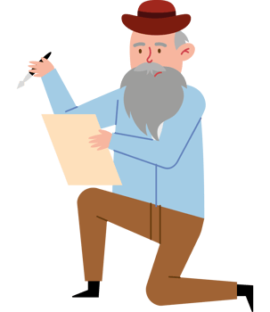 An old man with a beard and hat is holding a piece of paper png