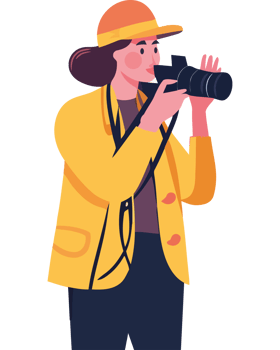 A woman in a yellow jacket and hat is holding a camera png