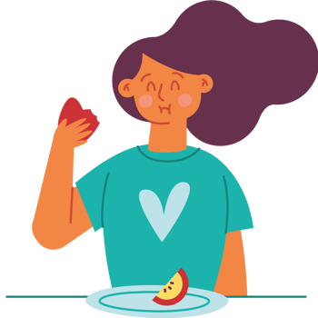 A woman holding a plate with a piece of fruit on it png