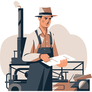 An illustration of a man in overalls holding a piece of paper png