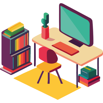 An illustration of a desk with a computer and books png