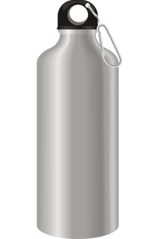 A silver water bottle with a black handle png