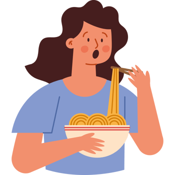 Illustration of a woman eating noodles png