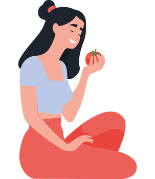A woman sitting on the floor holding a tomato png