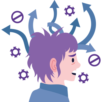 Illustration of a person with a purple hair and a lot of arrows coming out of his head png