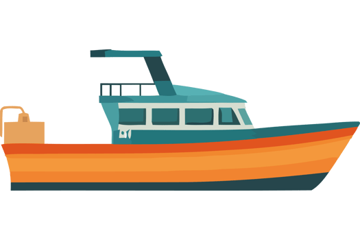 A boat with a blue and orange color scheme png