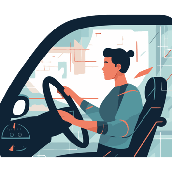 A woman driving a car with a steering wheel png