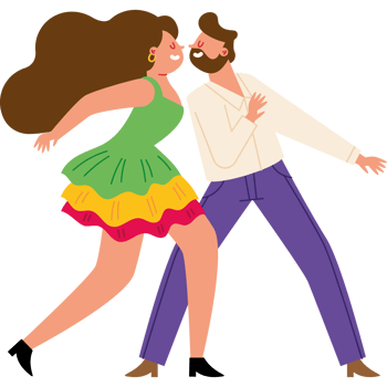 A cartoon couple dancing in a colorful dress png