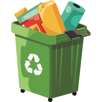A green trash can with various items in it png