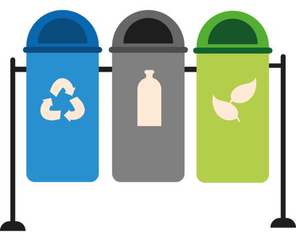 Three trash cans with recycling symbols on them png