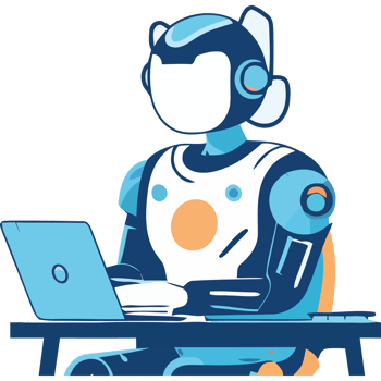 A robot sitting at a desk with a laptop png