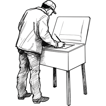 A man is standing in front of a voting machine png