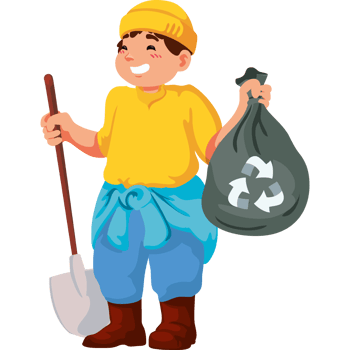 A cartoon boy holding a shovel and a bag of trash png