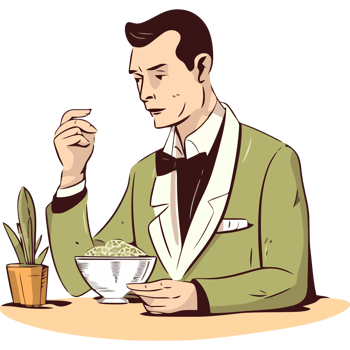 A man in a tuxedo is eating a bowl of cereal png