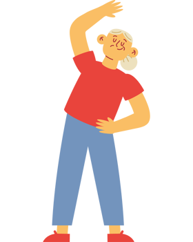 An elderly woman is stretching her arms up png