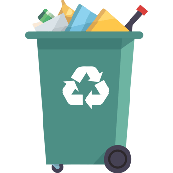 A green trash can with recycling items png