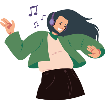 A cartoon woman dancing with headphones on png