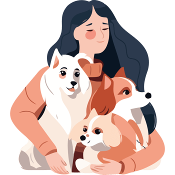 A woman with two dogs and a cat png