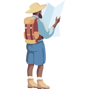 Man with backpack and map looking at a map png