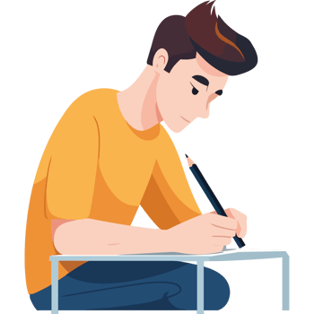 A man is sitting at a table writing with a pencil png